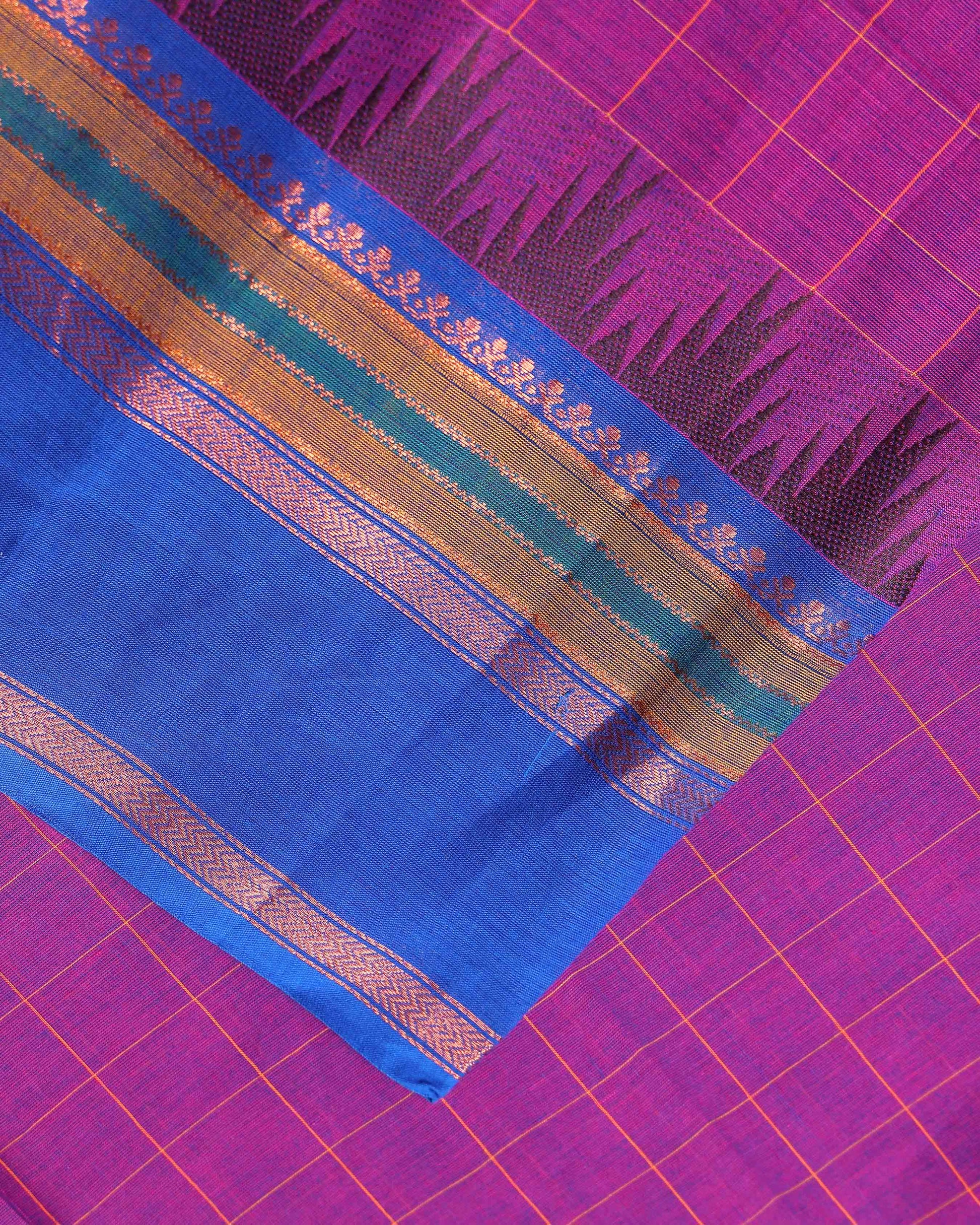 Handwoven Chettinad Handloom Cotton Saree with Striped Body and Temple Border - Purple