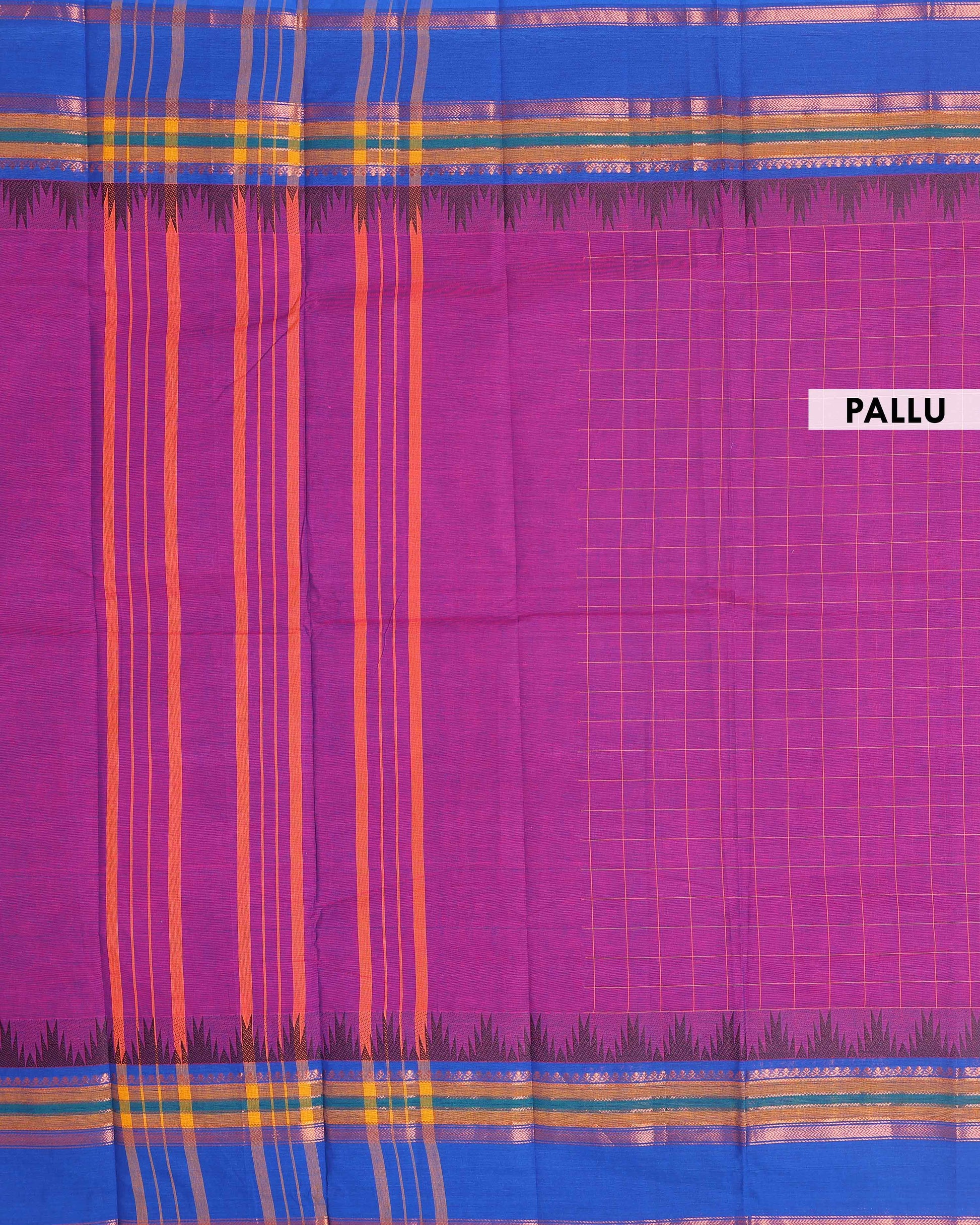 Handwoven Chettinad Handloom Cotton Saree with Striped Body and Temple Border - Purple