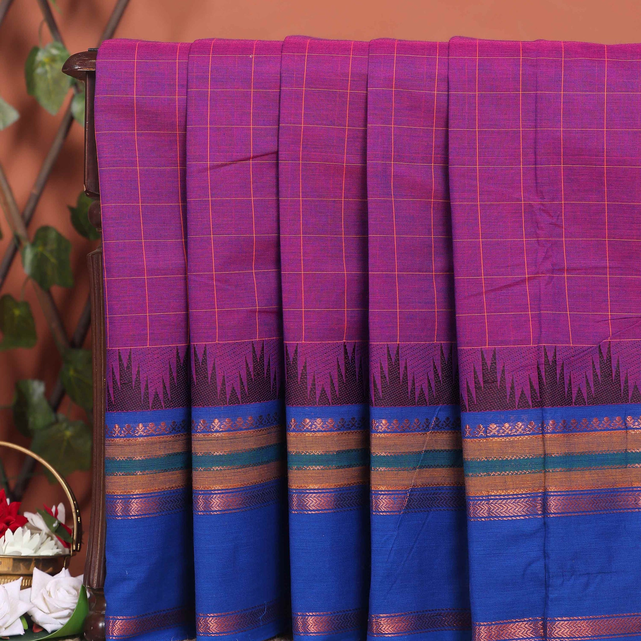 Handwoven Chettinad Handloom Cotton Saree with Striped Body and Temple Border - Purple