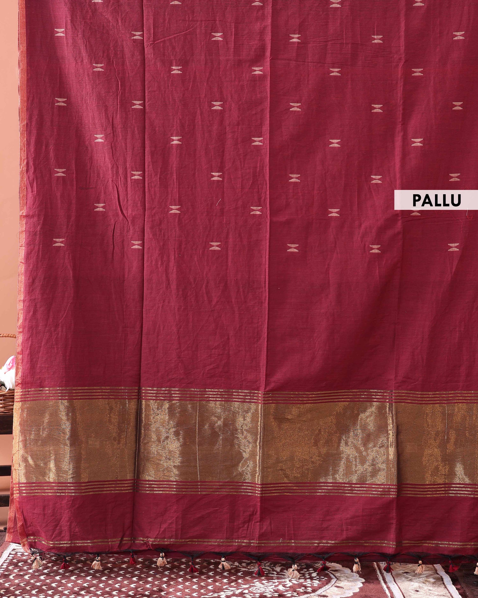 Handwoven Golden Zari Border Semi Silk Cotton Saree with Minimal Butta Weaves - Maroon