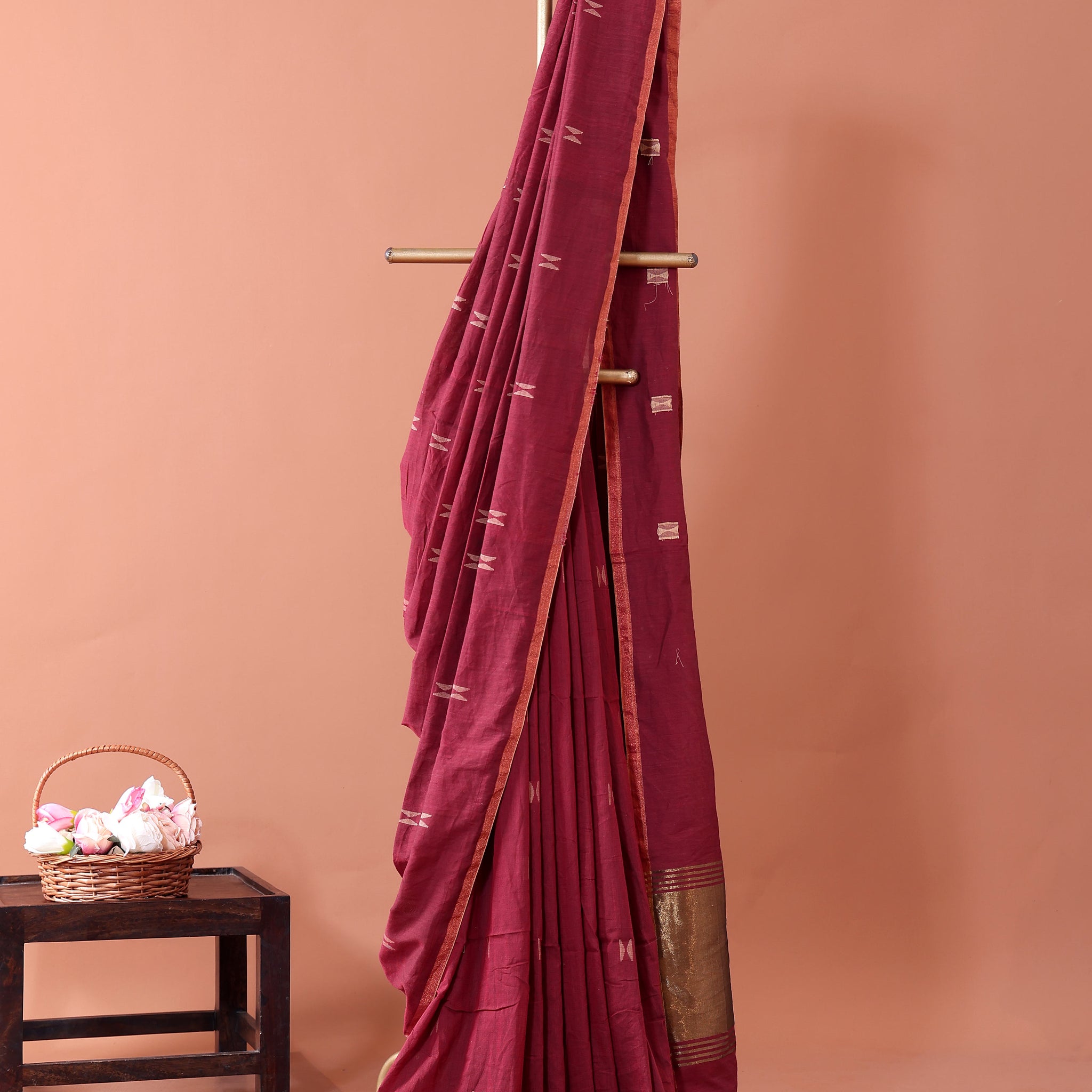 Handwoven Golden Zari Border Semi Silk Cotton Saree with Minimal Butta Weaves - Maroon