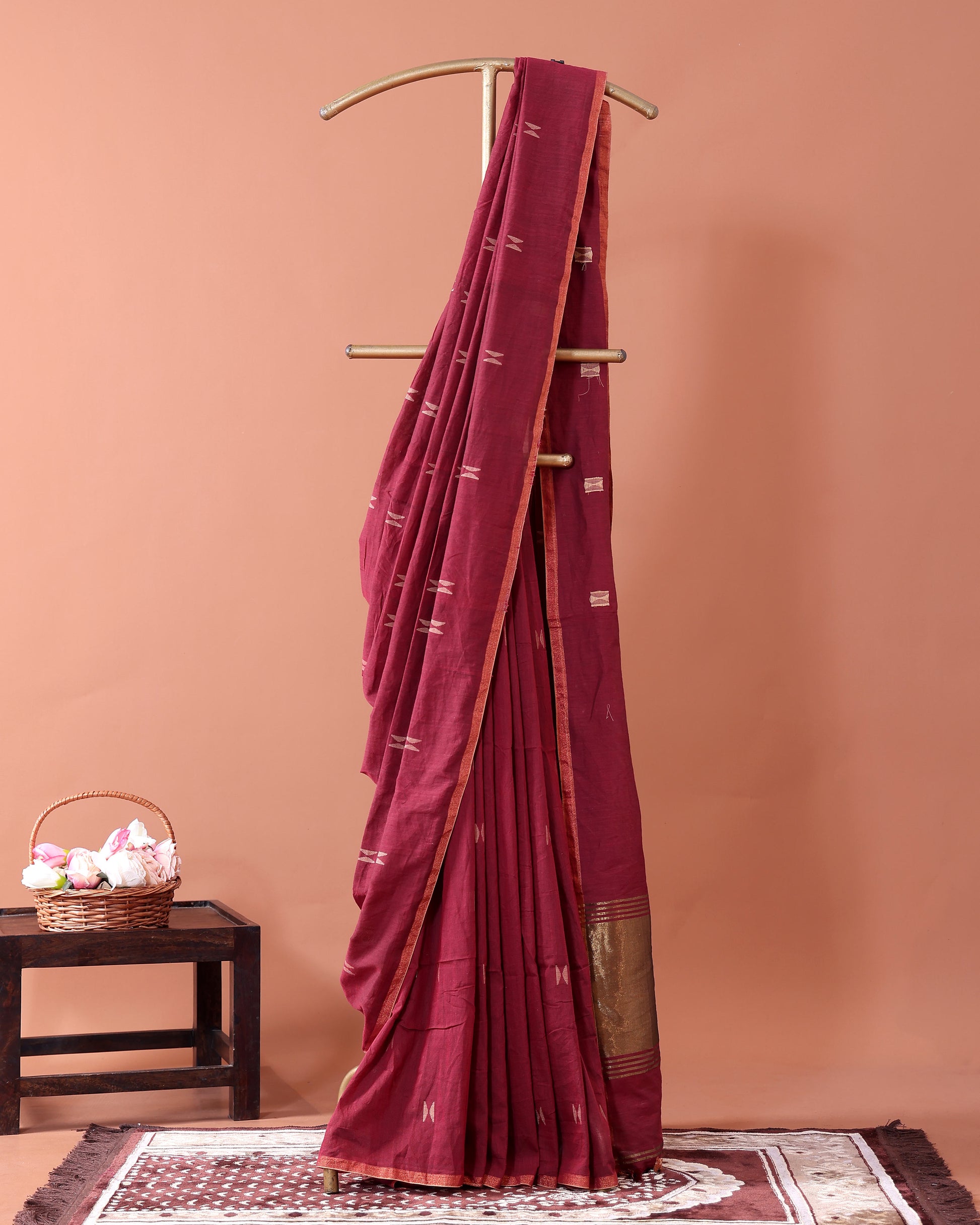 Handwoven Golden Zari Border Semi Silk Cotton Saree with Minimal Butta Weaves - Maroon