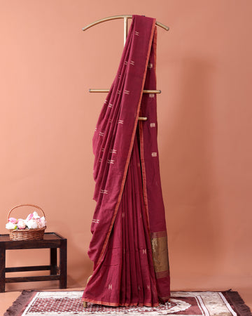 Handwoven Golden Zari Border Semi Silk Cotton Saree with Minimal Butta Weaves - Maroon