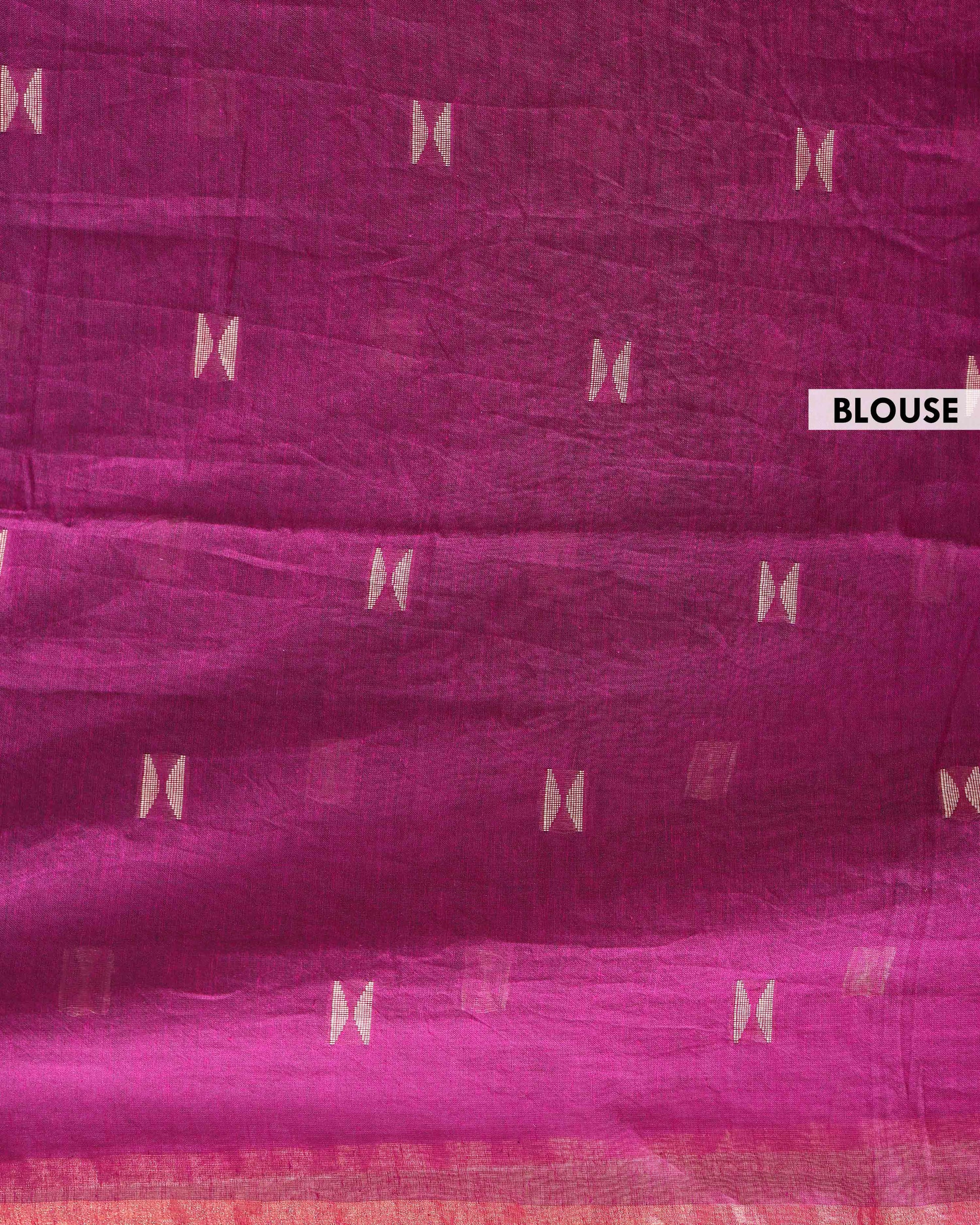 Handwoven Golden Zari Border Semi Silk Cotton Saree with Minimal Butta Weaves - Purple