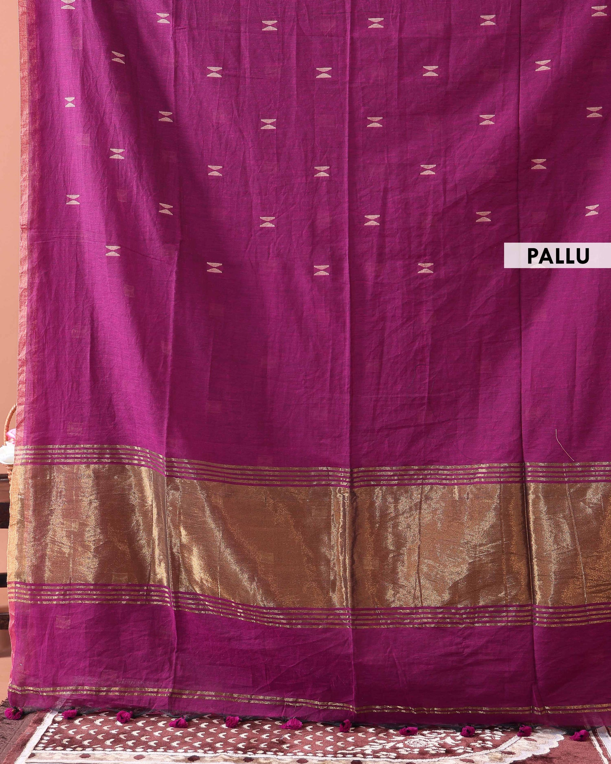 Handwoven Golden Zari Border Semi Silk Cotton Saree with Minimal Butta Weaves - Purple