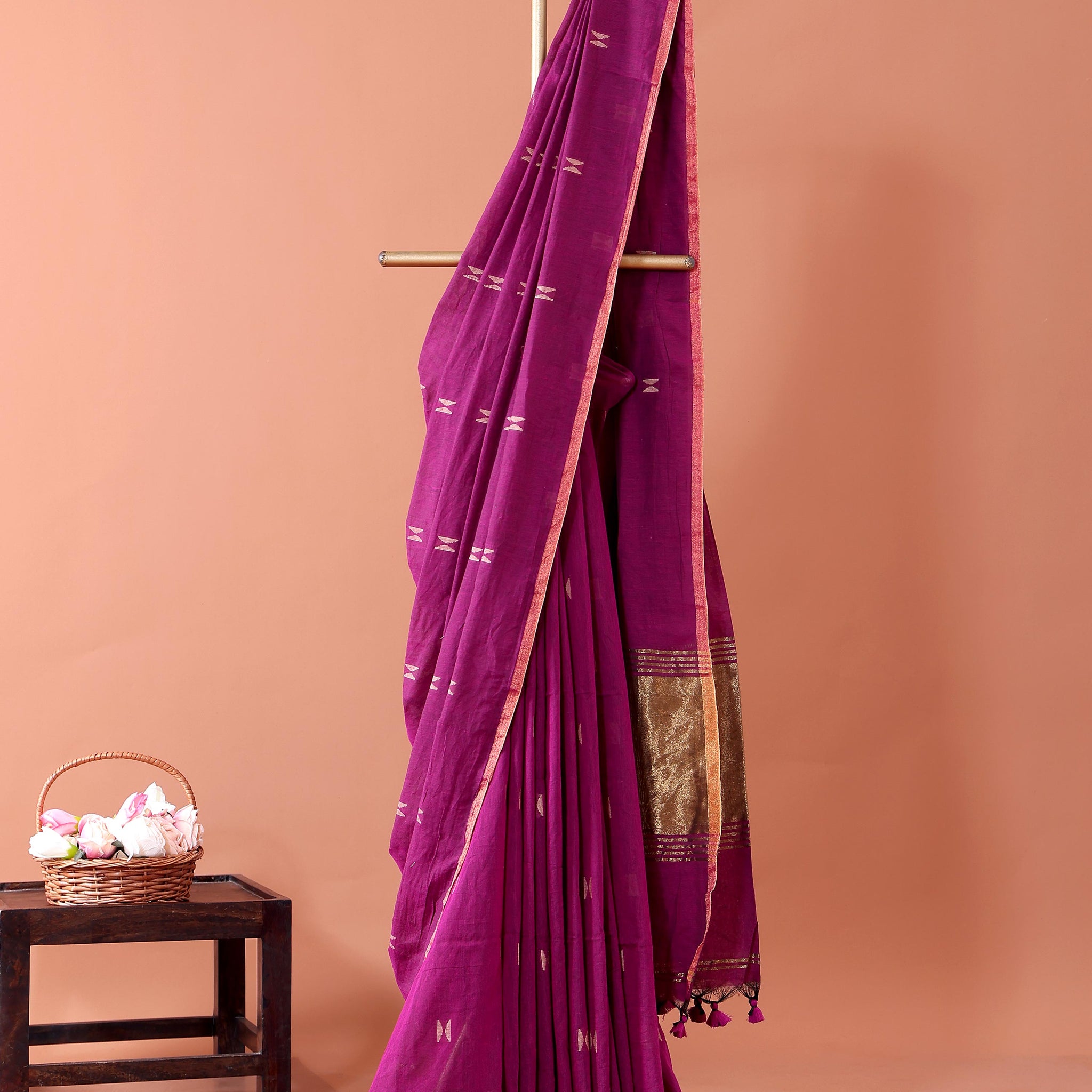 Handwoven Golden Zari Border Semi Silk Cotton Saree with Minimal Butta Weaves - Purple