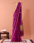 Handwoven Golden Zari Border Semi Silk Cotton Saree with Minimal Butta Weaves - Purple