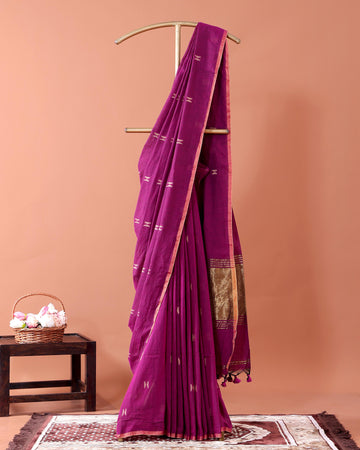Handwoven Golden Zari Border Semi Silk Cotton Saree with Minimal Butta Weaves - Purple