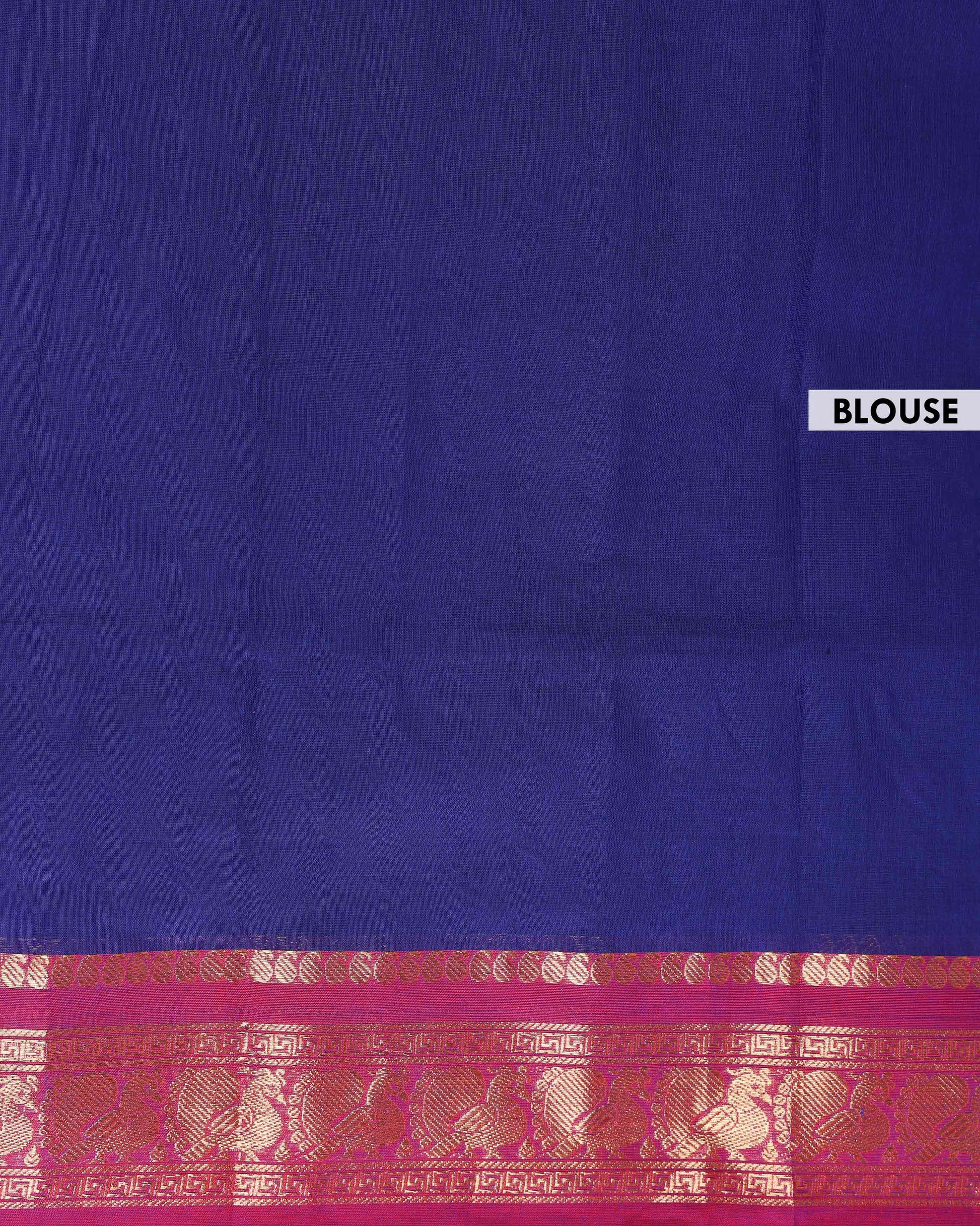 Handwoven Kanchi Cotton Saree with Zari Woven Border and Traditional Motifs - Navy Blue-Blouse