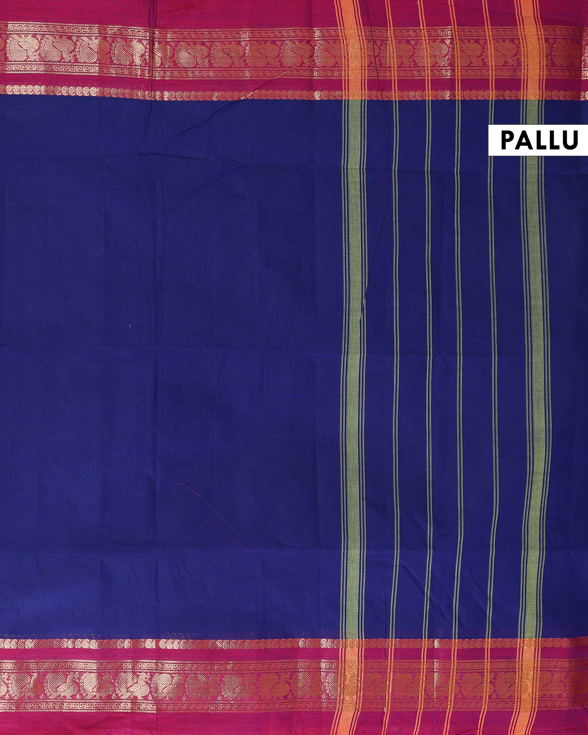 Handwoven Kanchi Cotton Saree with Zari Woven Border and Traditional Motifs - Navy Blue-Pallu