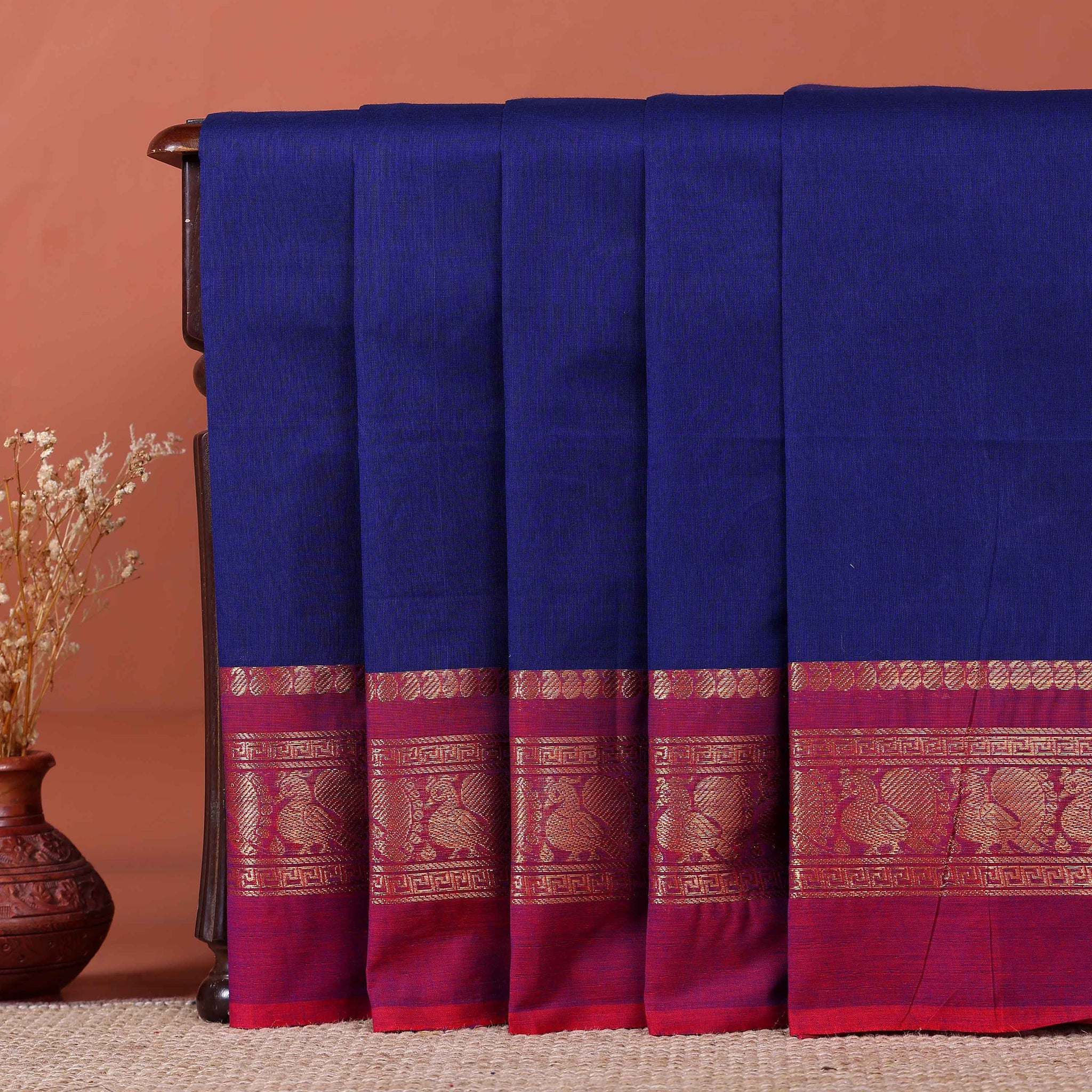 Handwoven Kanchi Cotton Saree with Zari Woven Border and Traditional Motifs - Navy Blue