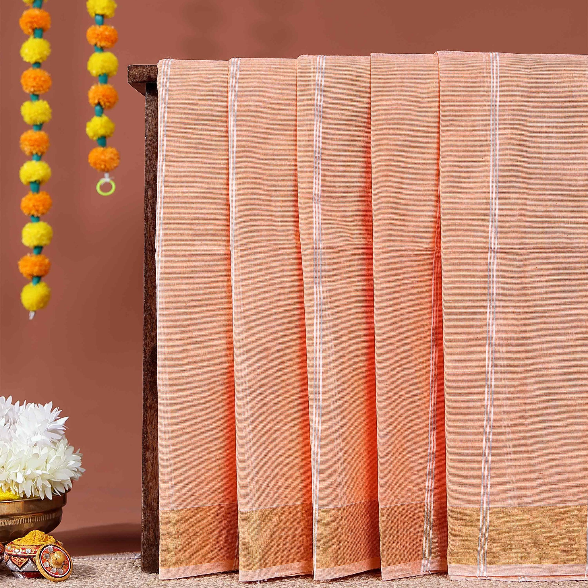 Handwoven Kovai Cotton Saree with Striped Pattern and Zari Border - Orange
