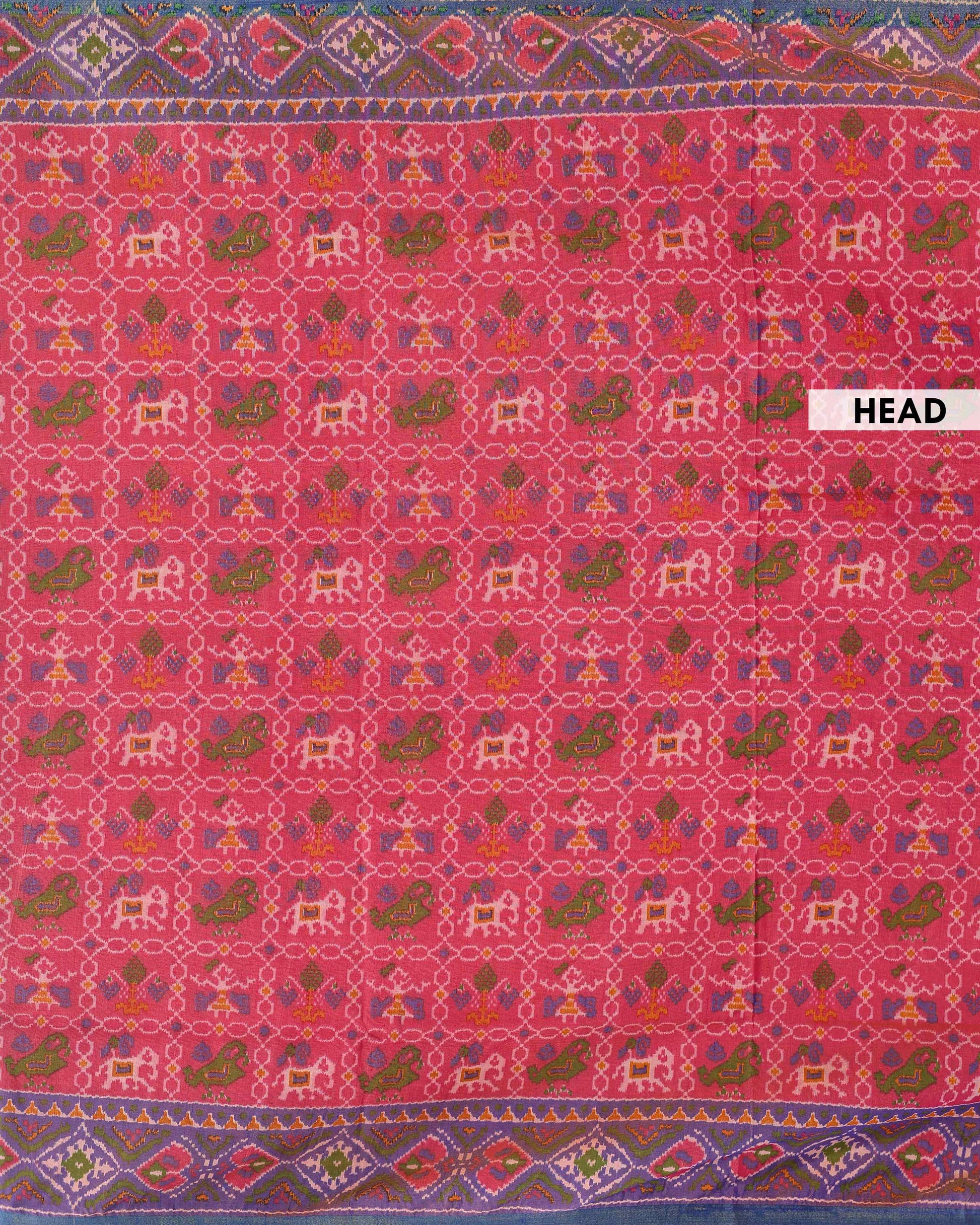 Handwoven Patola Semi-Silk Saree with Geometric and Floral Motifs - Pink-Head