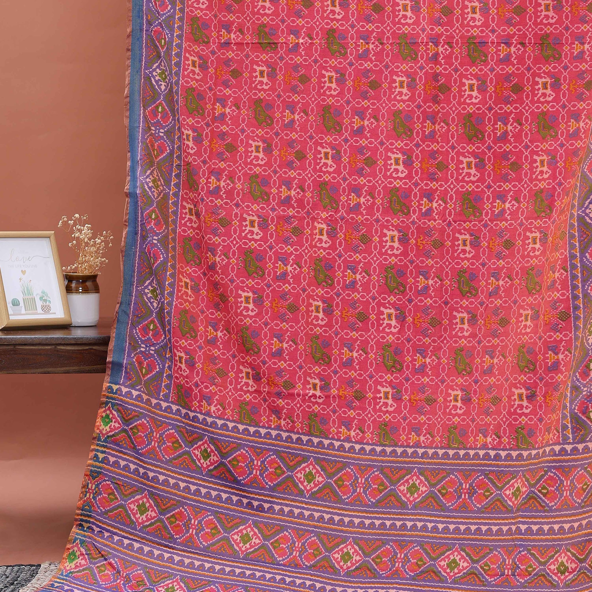 Handwoven Patola Semi-Silk Saree with Geometric and Floral Motifs - Pink
