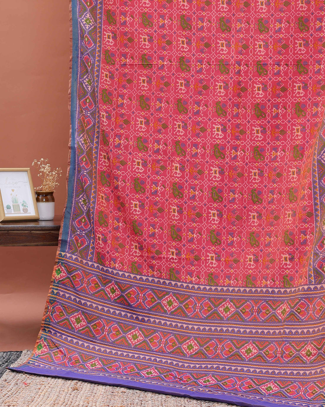 Handwoven Patola Semi-Silk Saree with Geometric and Floral Motifs - Pink