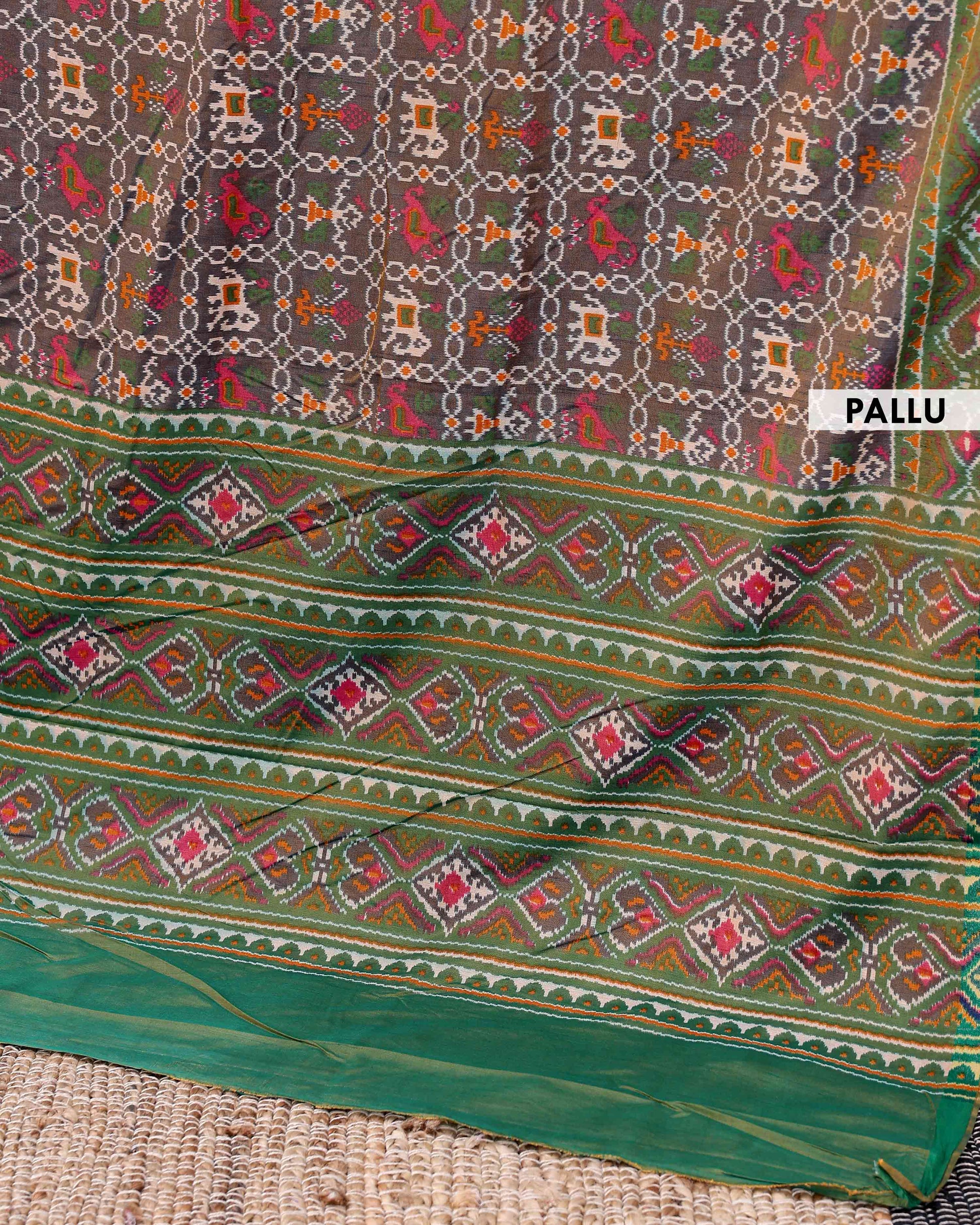 Handwoven Patola Silk Saree with Intricate Ikat Weave and Traditional Geometric Motifs - Brown-pallu