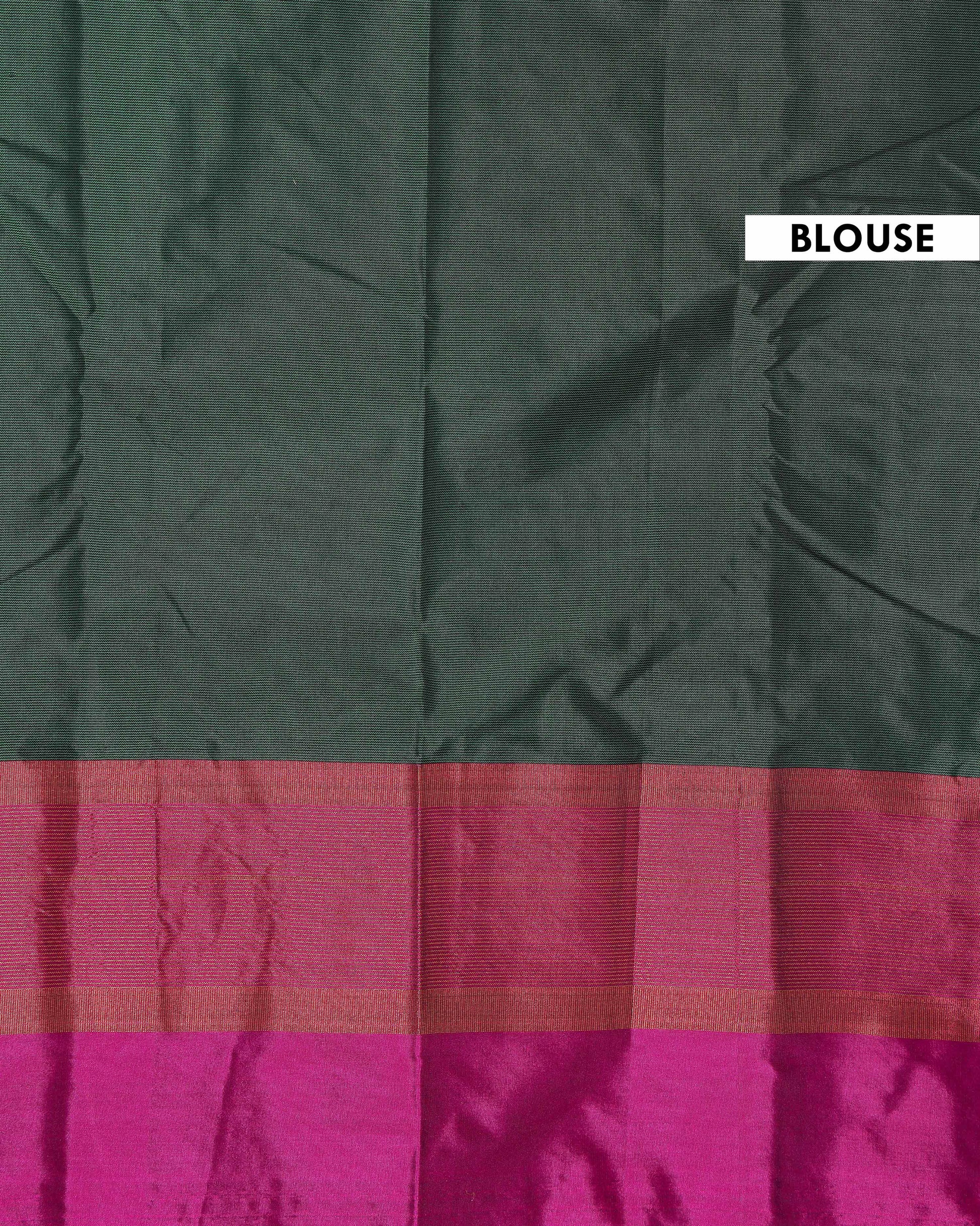 Handwoven Soft Silk Saree with Contrasting Border and Zari Details - Dark Green-Blouse
