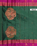Handwoven Soft Silk Saree with Contrasting Border and Zari Details - Dark Green-pallu