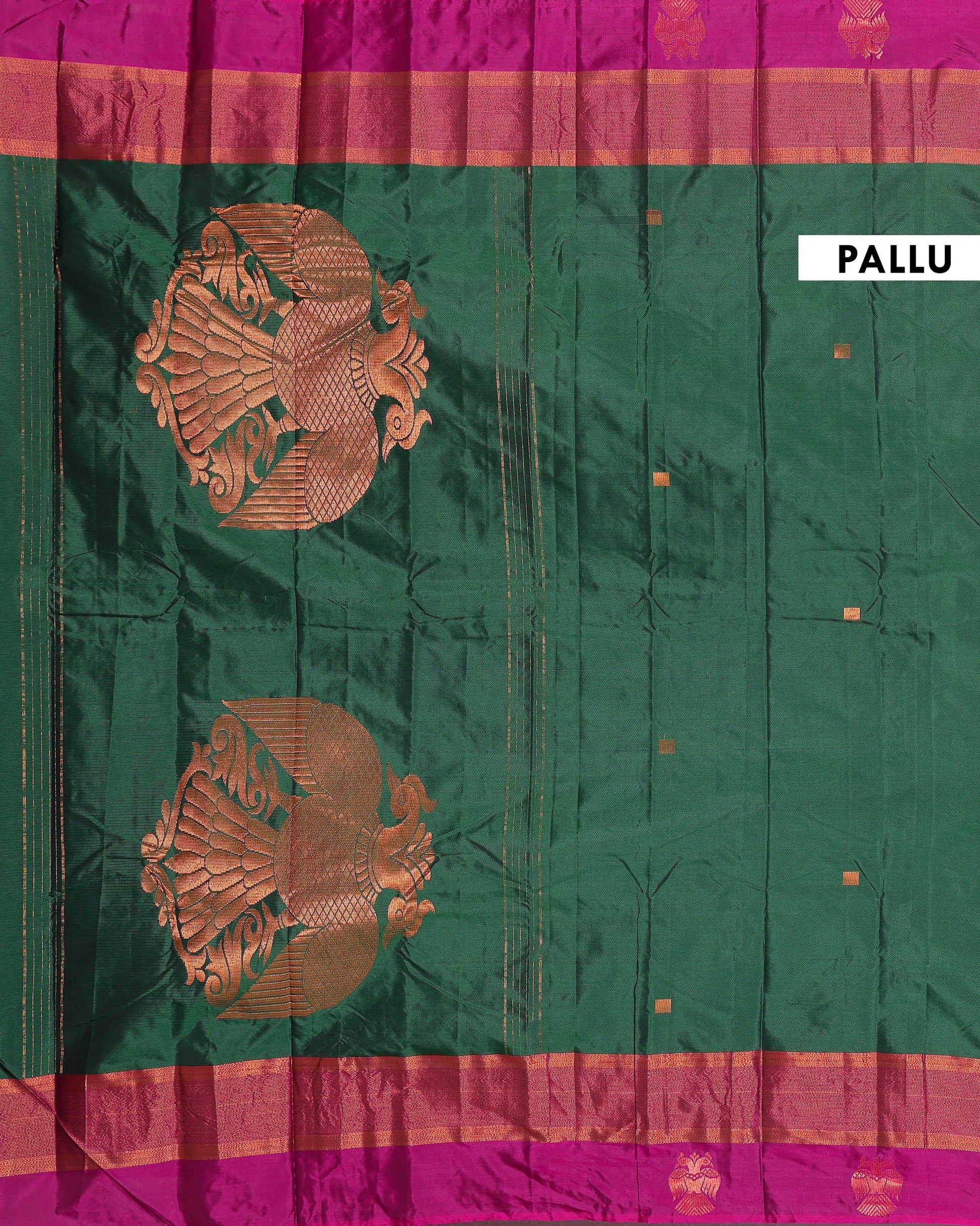 Handwoven Soft Silk Saree with Contrasting Border and Zari Details - Dark Green-pallu