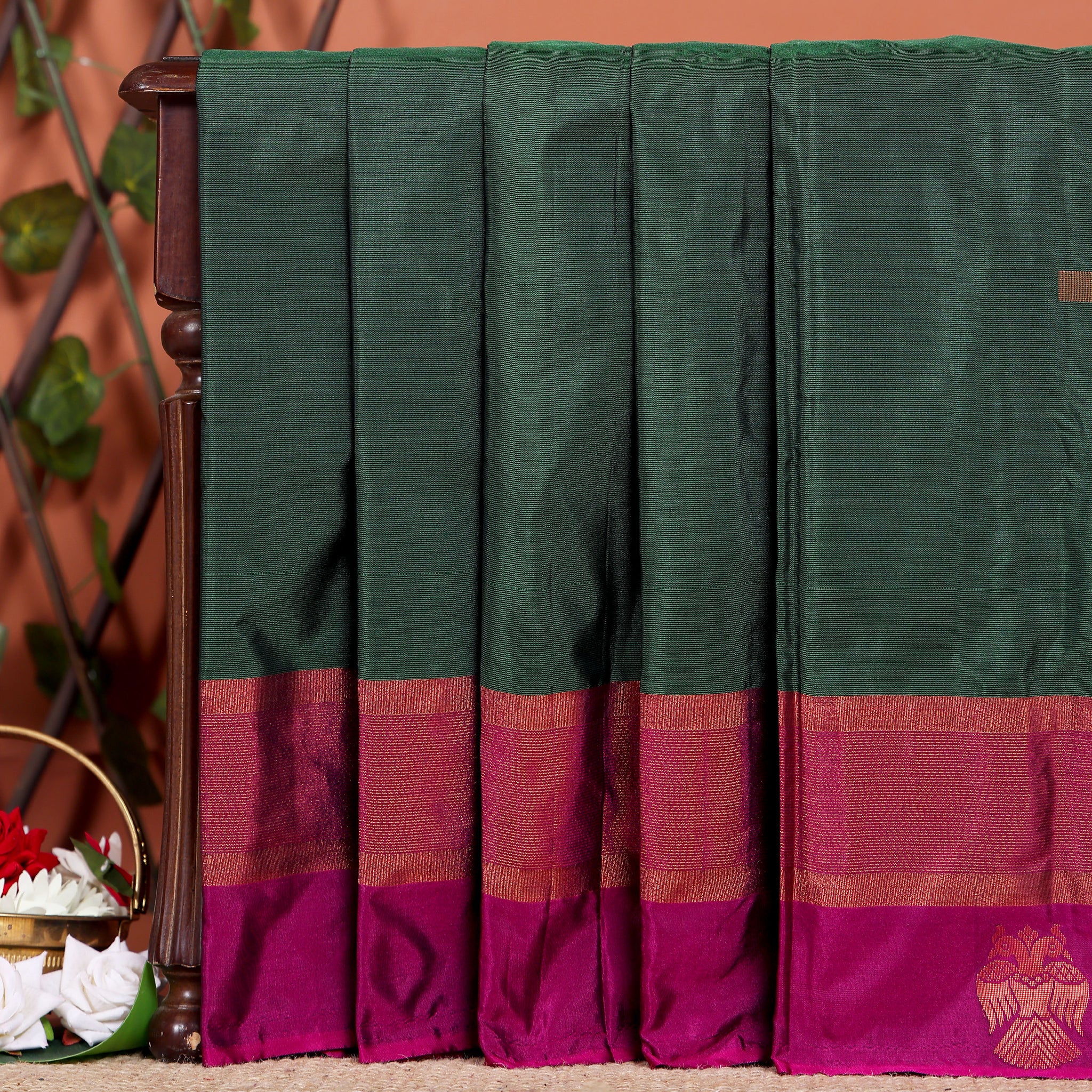 Handwoven Soft Silk Saree with Contrasting Border and Zari Details - Dark Green