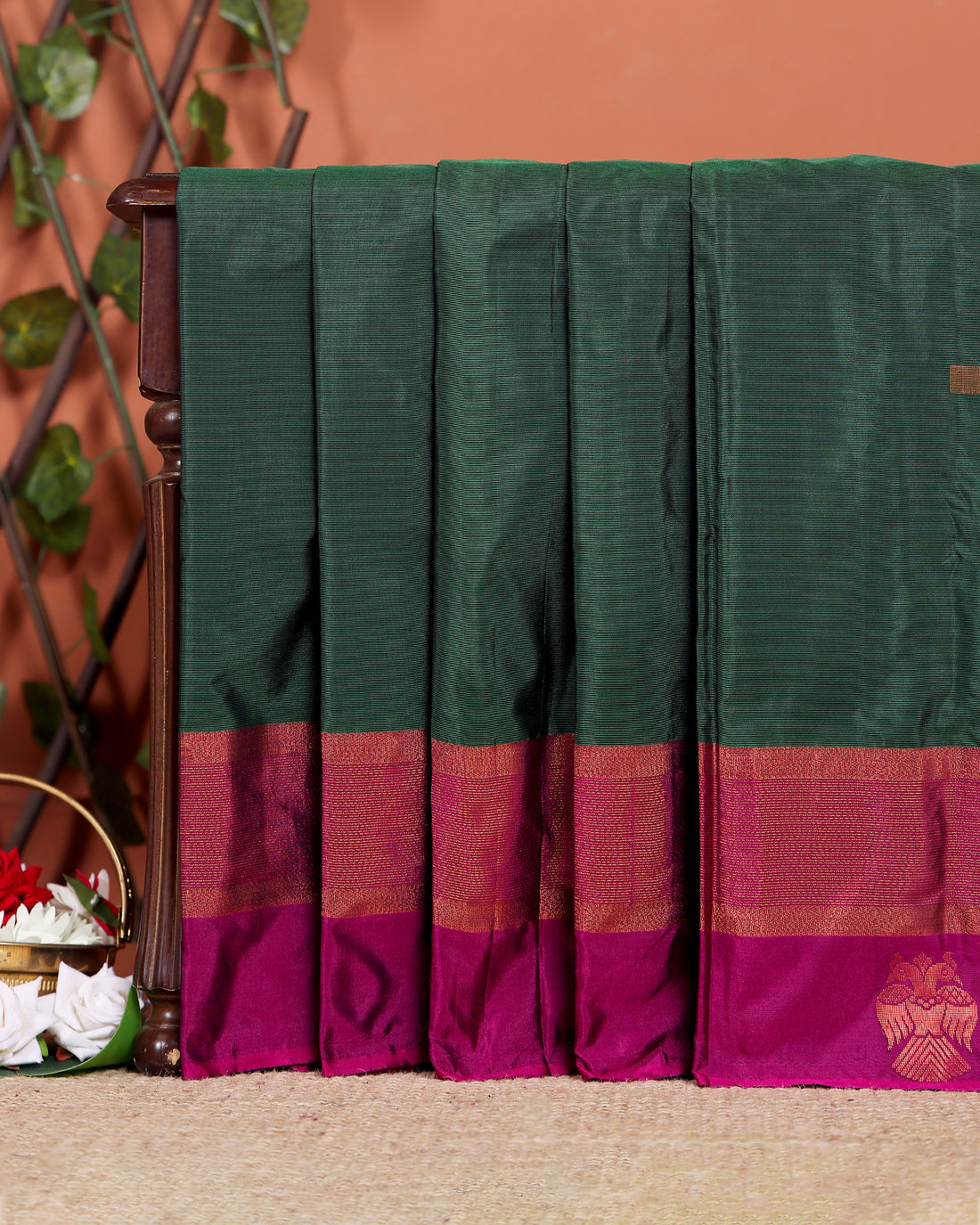Handwoven Soft Silk Saree with Contrasting Border and Zari Details - Dark Green