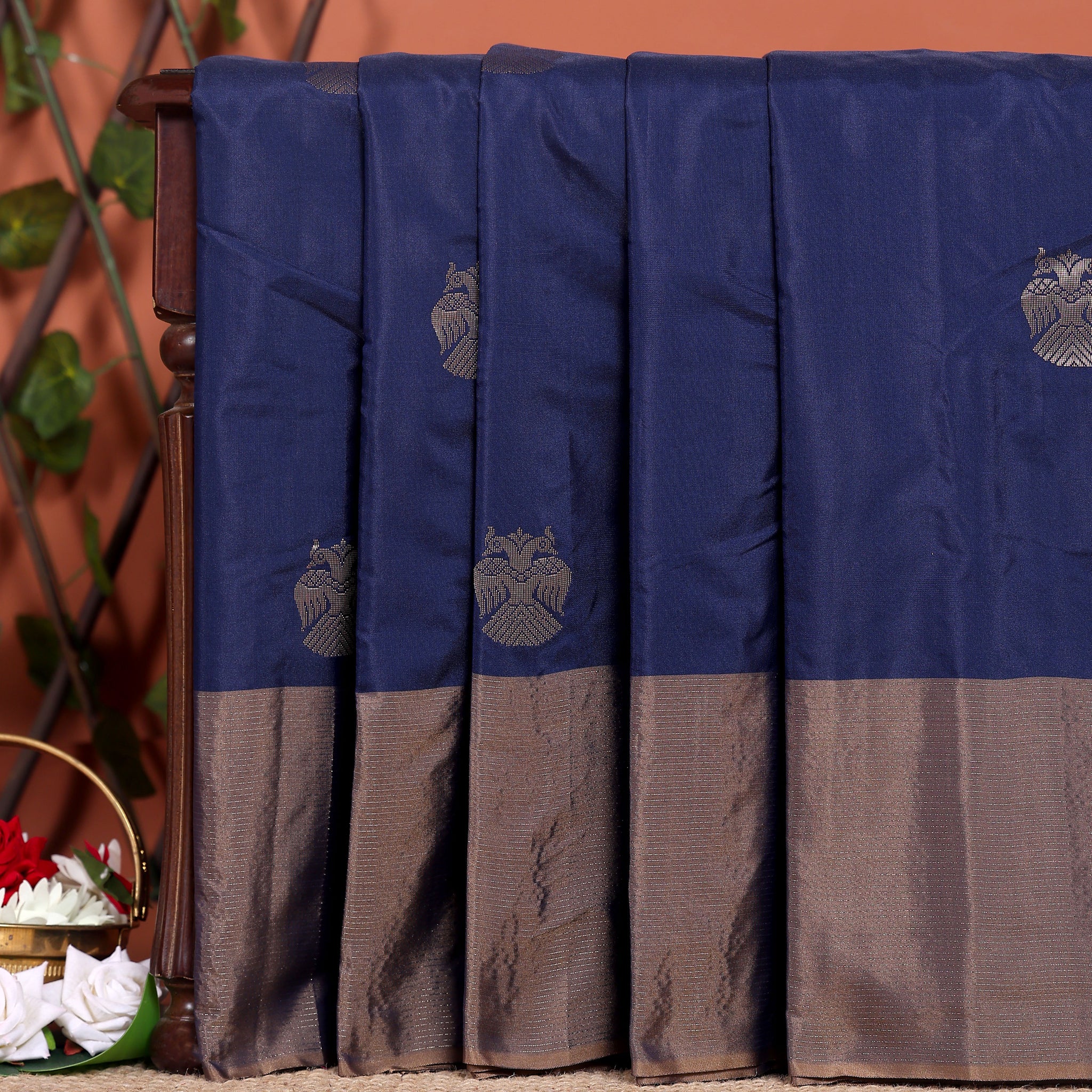 Handwoven Soft Silk Saree with Intricate Zari Motifs and Rich Border - Navy Blue