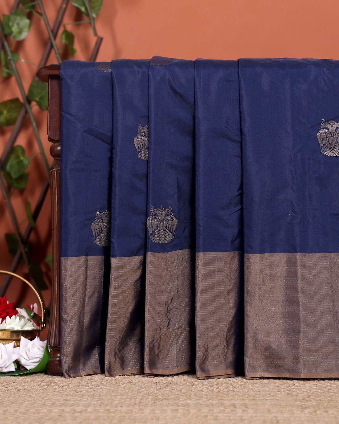 Handwoven Soft Silk Saree with Intricate Zari Motifs and Rich Border - Navy Blue