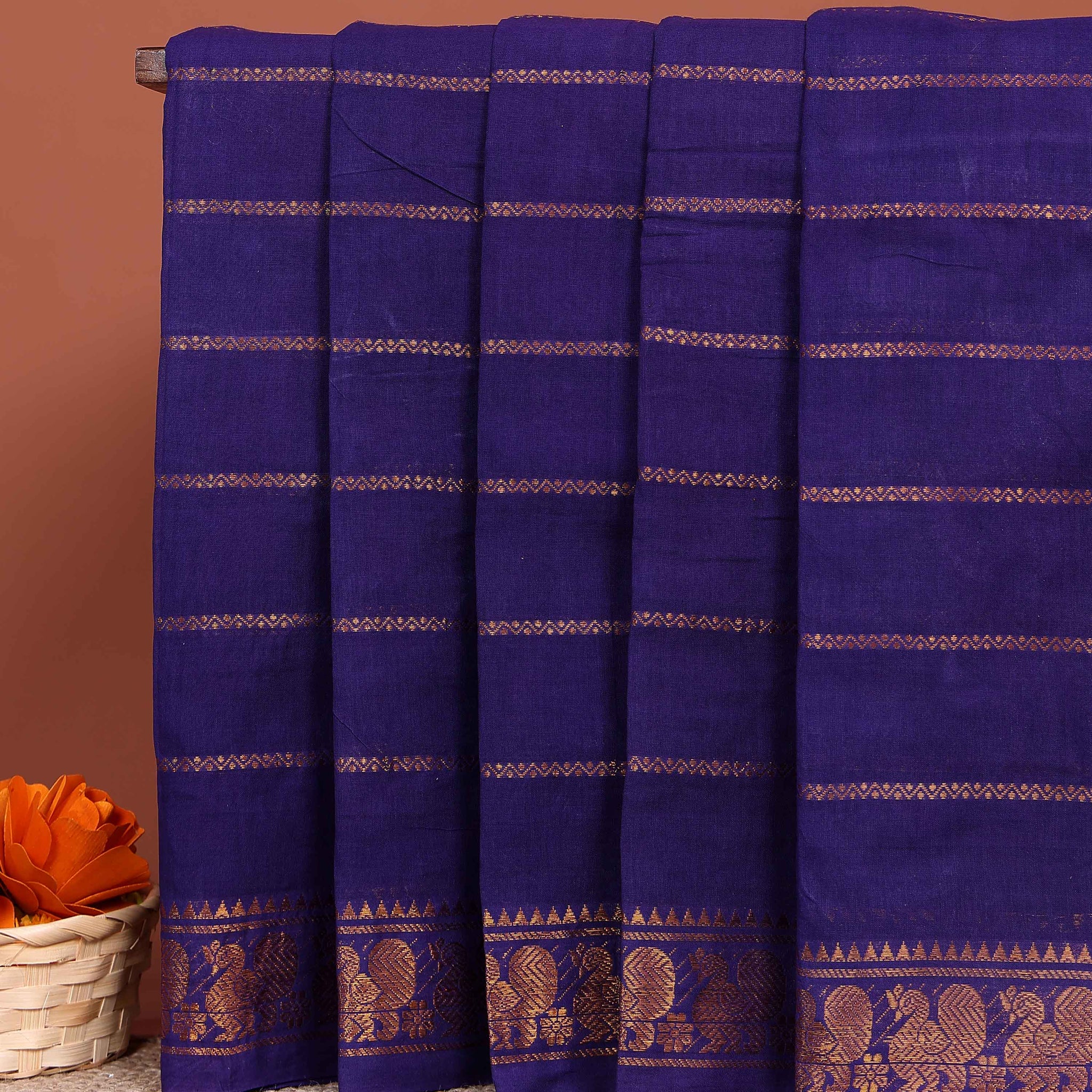 Handwoven Sungudi Cotton Saree with Zari Woven Peacock Motif Border - Dark Blue