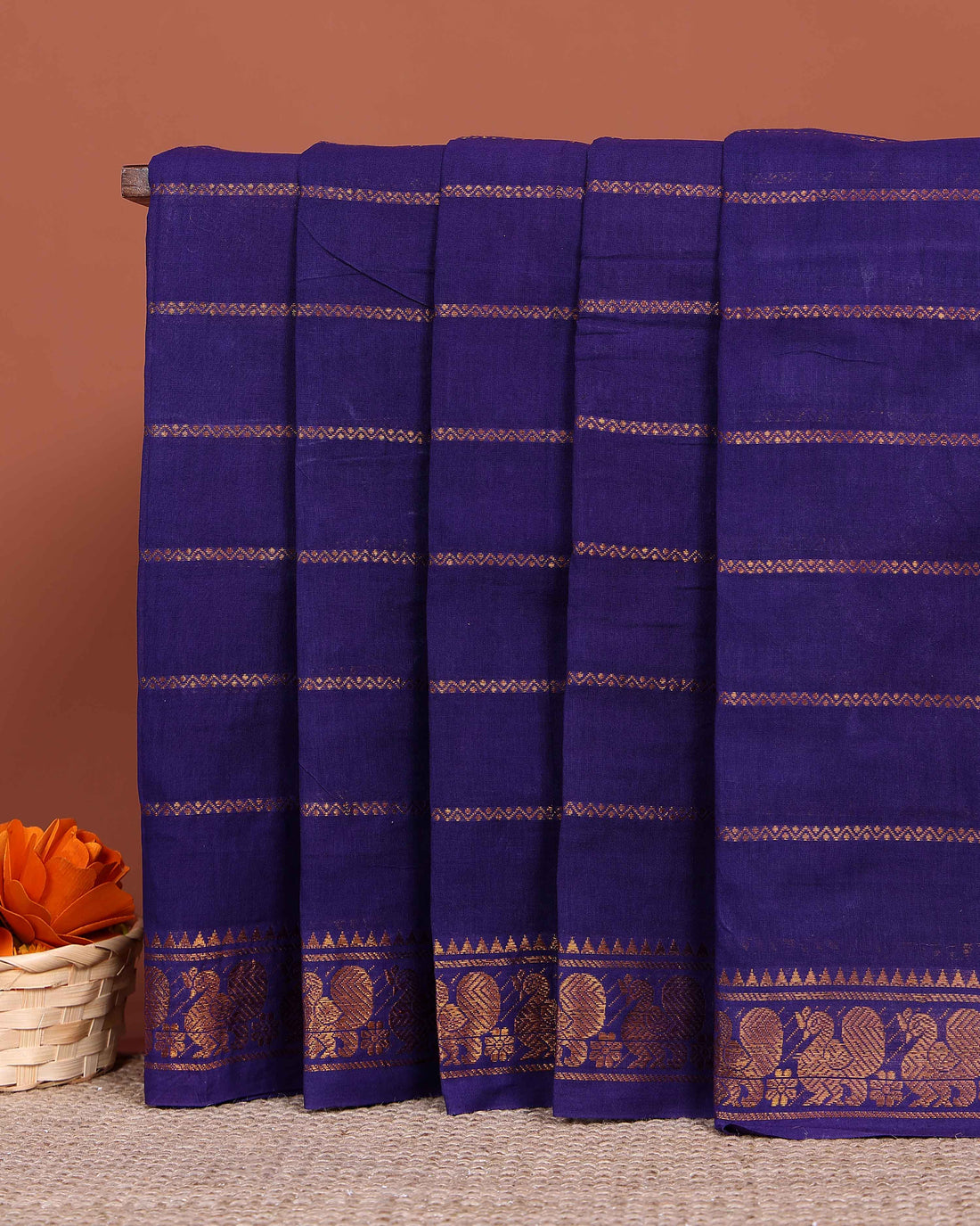 Handwoven Sungudi Cotton Saree with Zari Woven Peacock Motif Border - Dark Blue