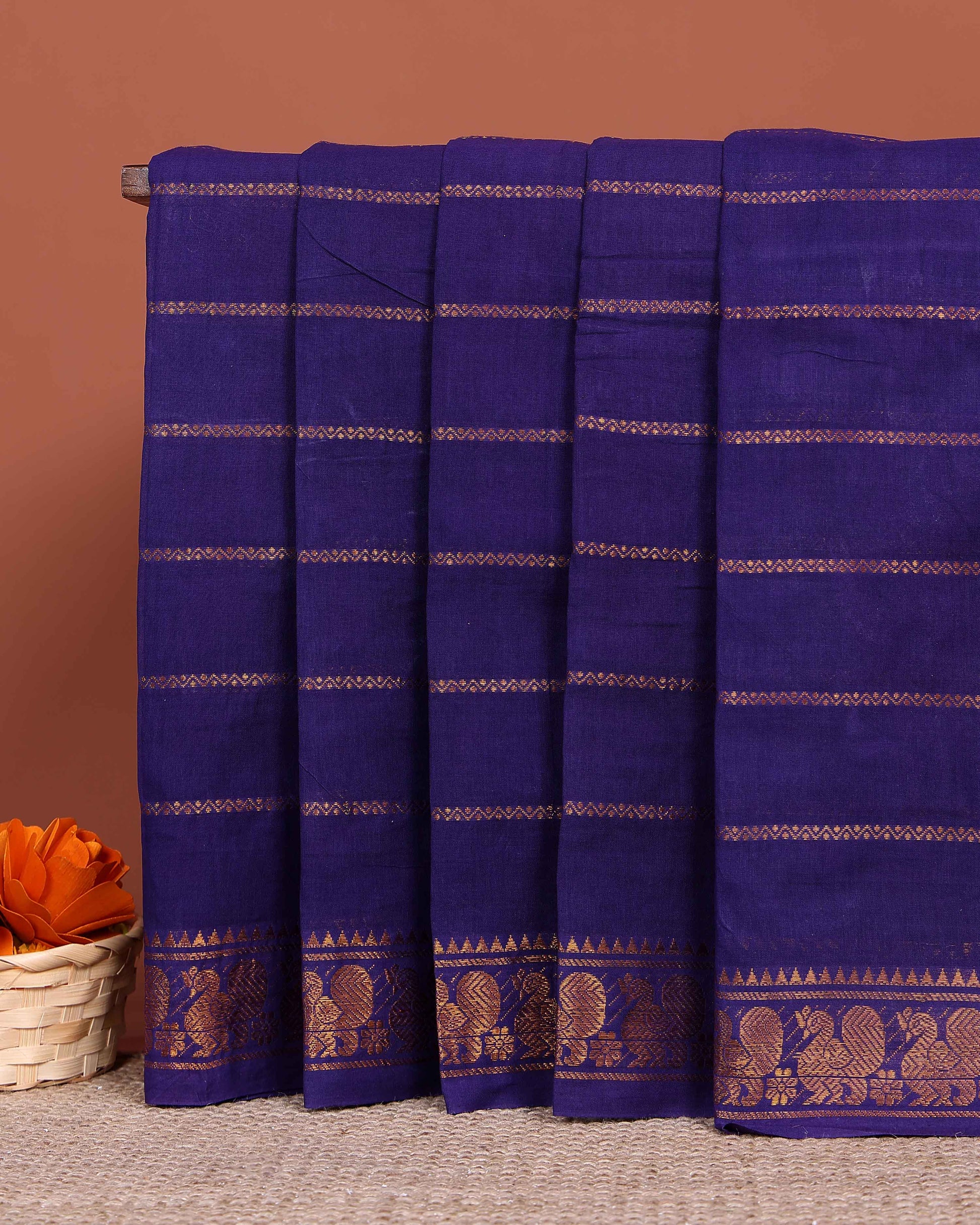Handwoven Sungudi Cotton Saree with Zari Woven Peacock Motif Border - Dark Blue