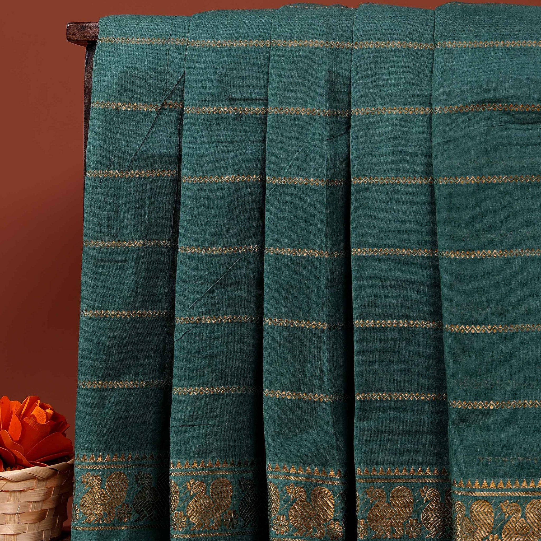 Handwoven Sungudi Cotton Saree with Zari Woven Peacock Motif Border - Green