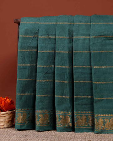 Handwoven Sungudi Cotton Saree with Zari Woven Peacock Motif Border - Green