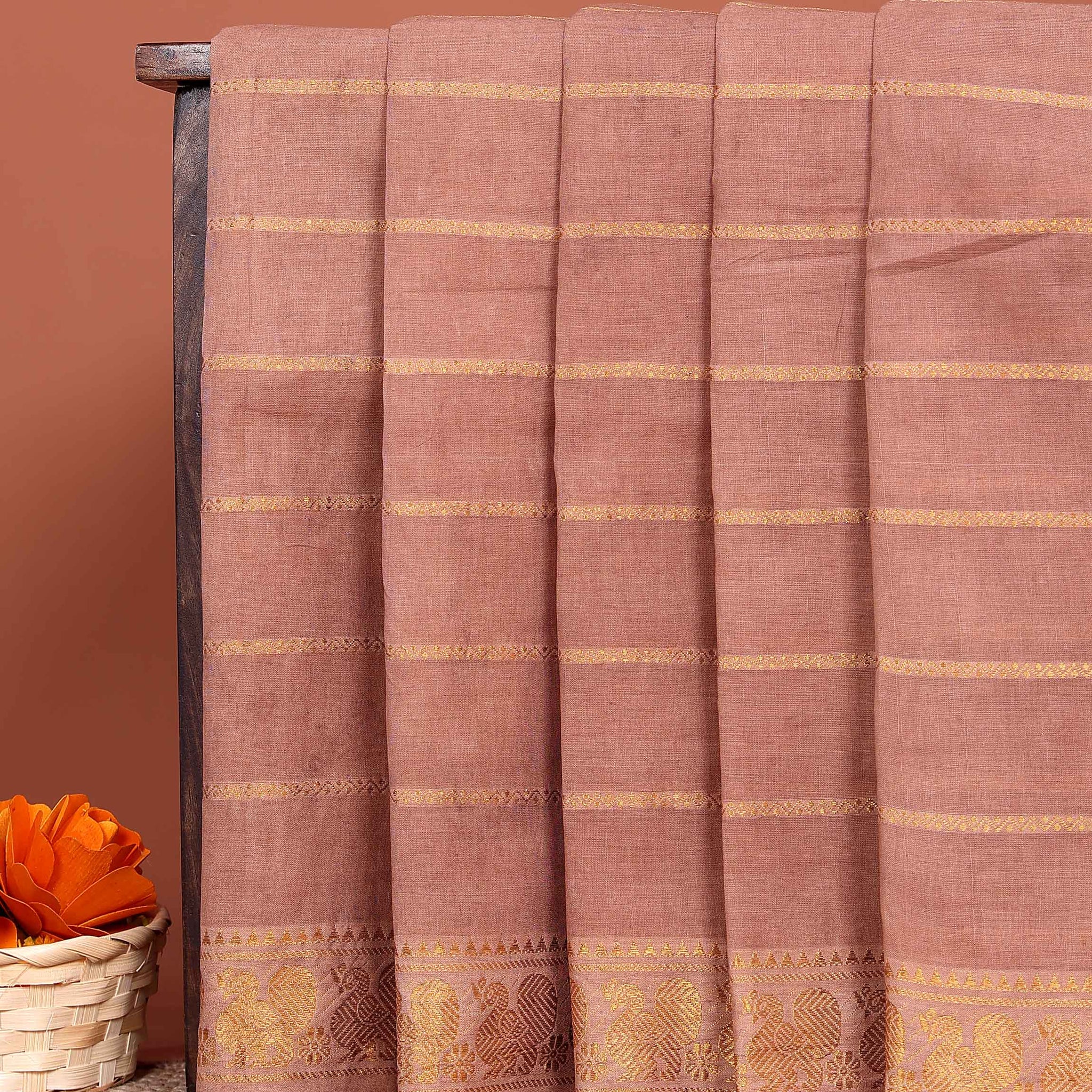 Handwoven Sungudi Cotton Saree with Zari Woven Peacock Motif Border - Light Brown