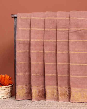 Handwoven Sungudi Cotton Saree with Zari Woven Peacock Motif Border - Light Brown