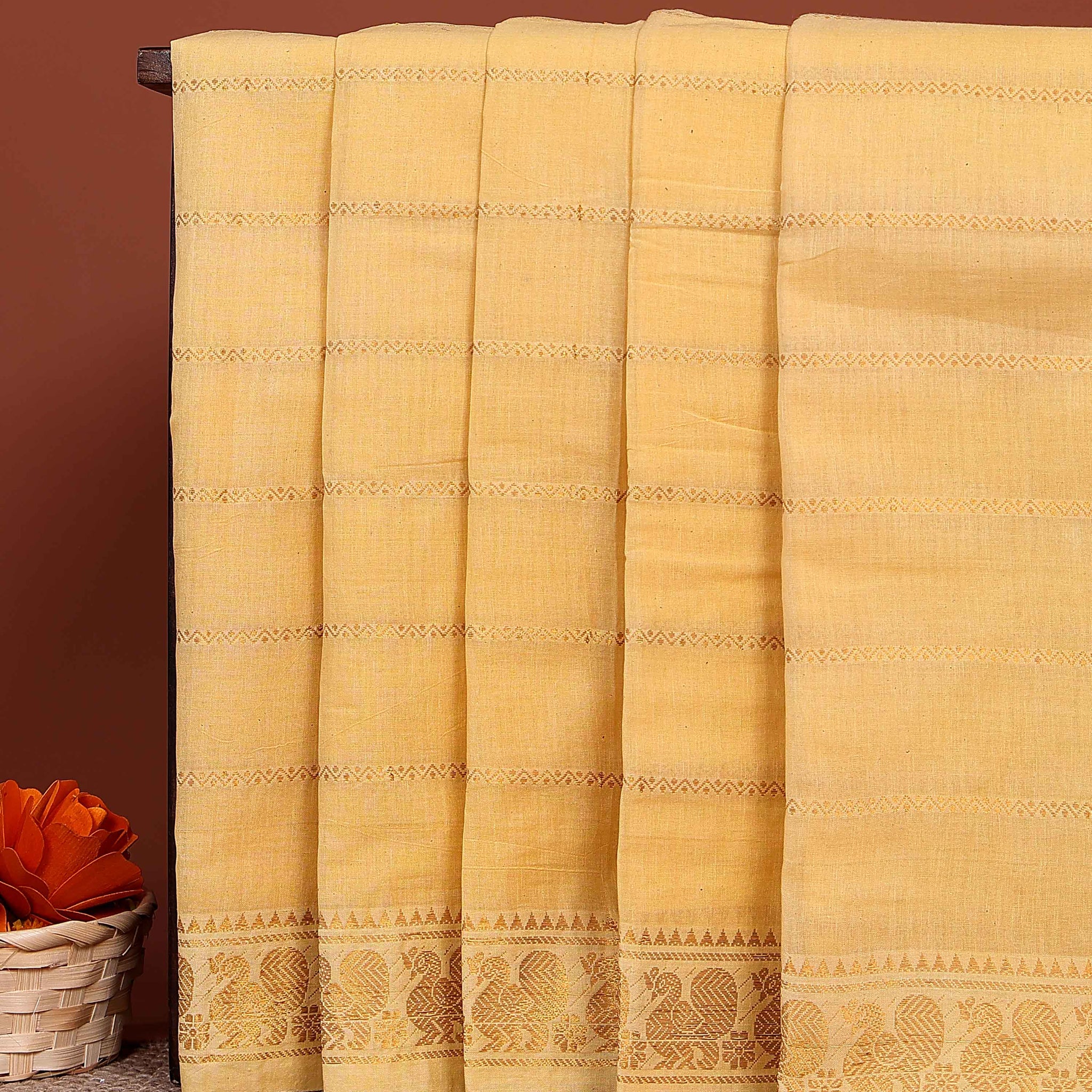 Handwoven Sungudi Cotton Saree with Zari Woven Peacock Motif Border - Yellow
