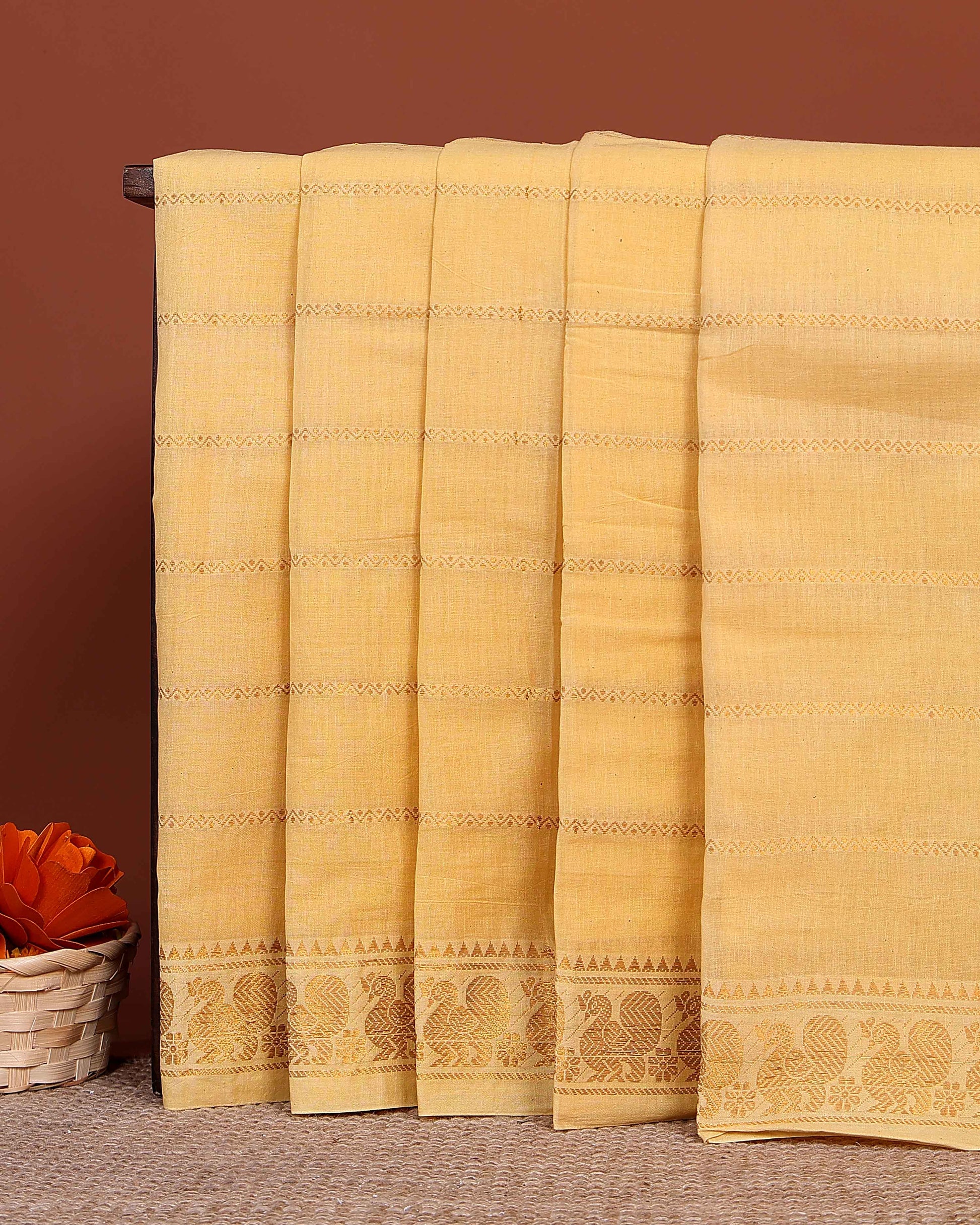 Handwoven Sungudi Cotton Saree with Zari Woven Peacock Motif Border - Yellow