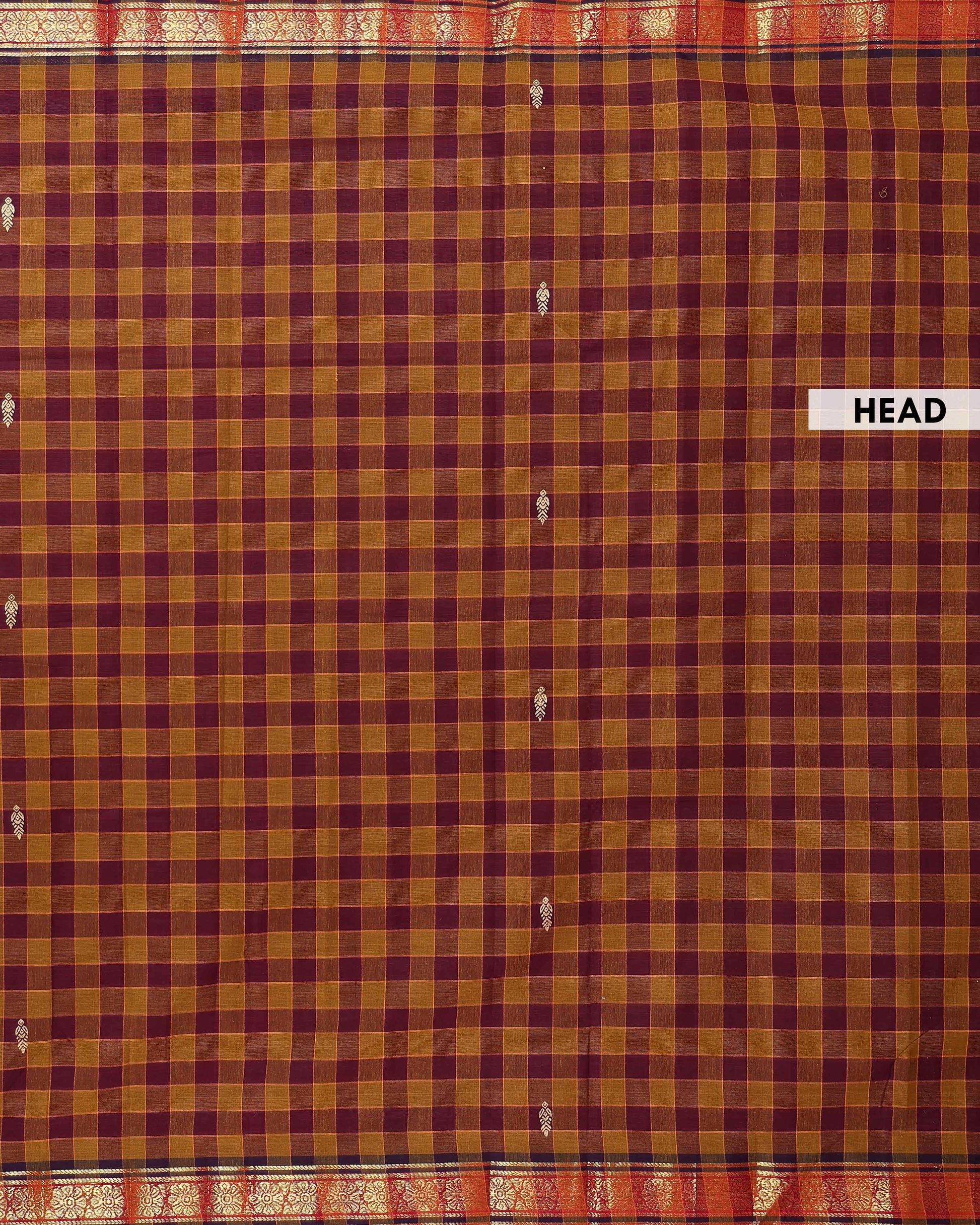 Handwoven Venkatagiri Handloom Cotton Saree with Checked Pattern and Rich Zari Woven Border - Brown