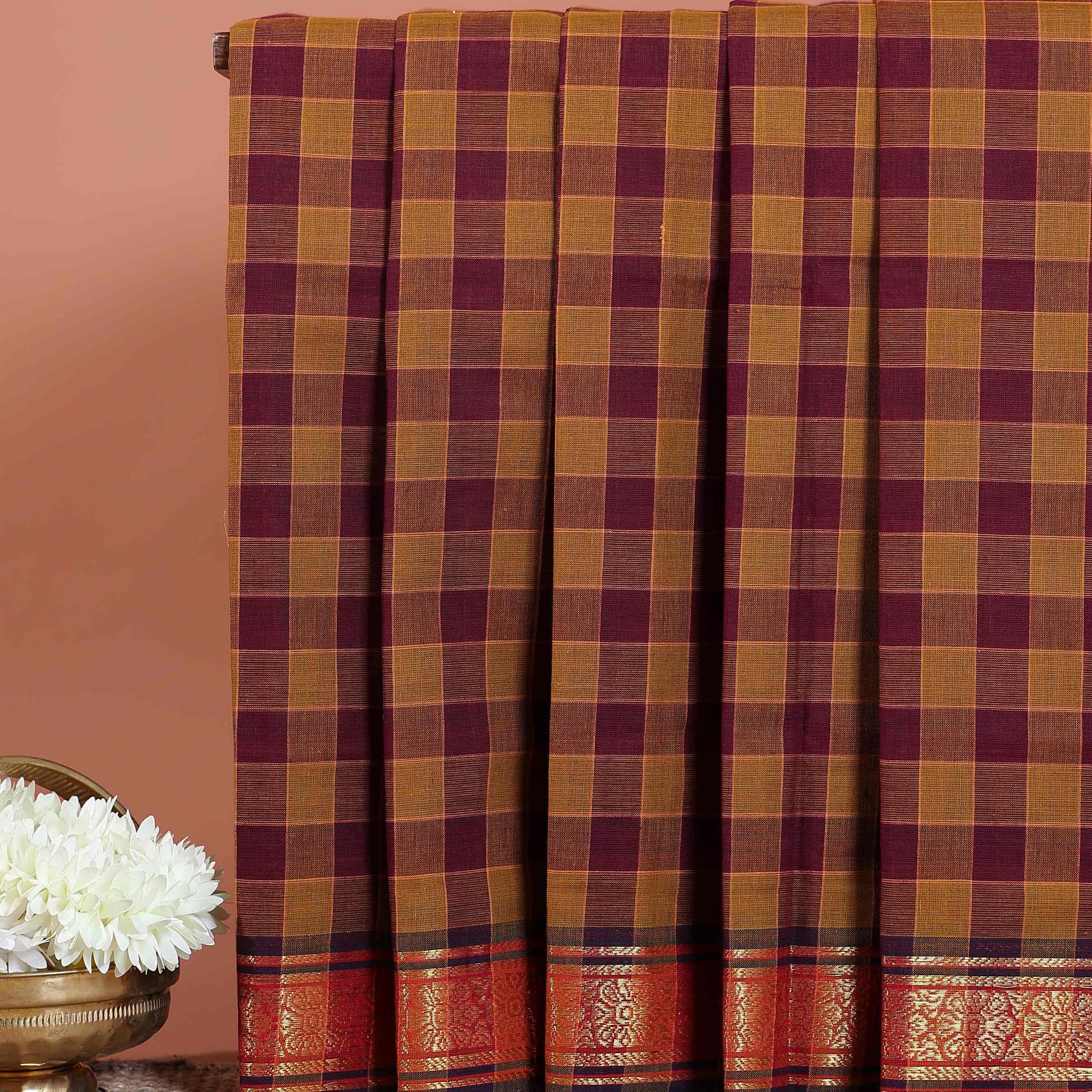 Handwoven Venkatagiri Handloom Cotton Saree with Checked Pattern and Rich Zari Woven Border - Brown