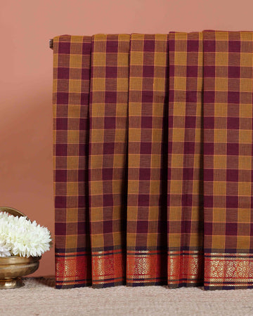 Handwoven Venkatagiri Handloom Cotton Saree with Checked Pattern and Rich Zari Woven Border - Brown
