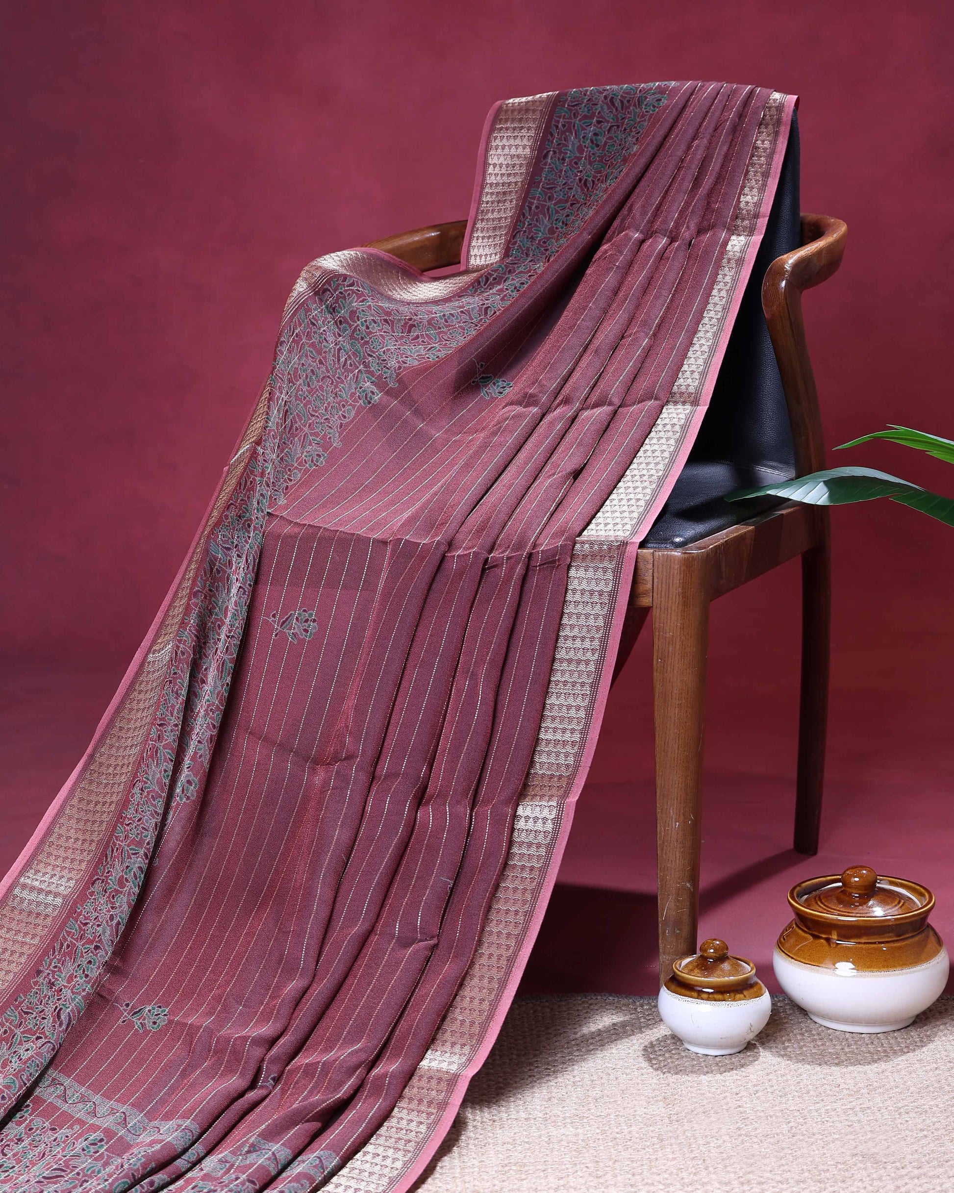 Heritage Dola Silk Saree with Vertical Stripe Body and Floral Butta Design - Maroon