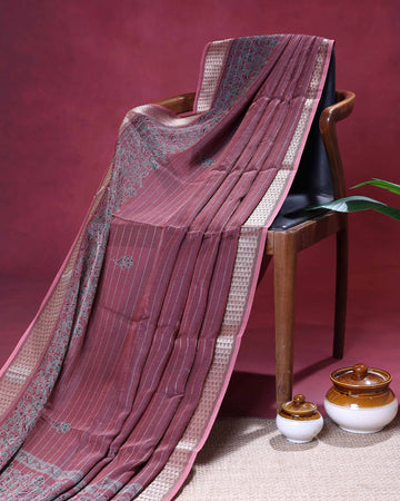 Heritage Dola Silk Saree with Vertical Stripe Body and Floral Butta Design - Maroon