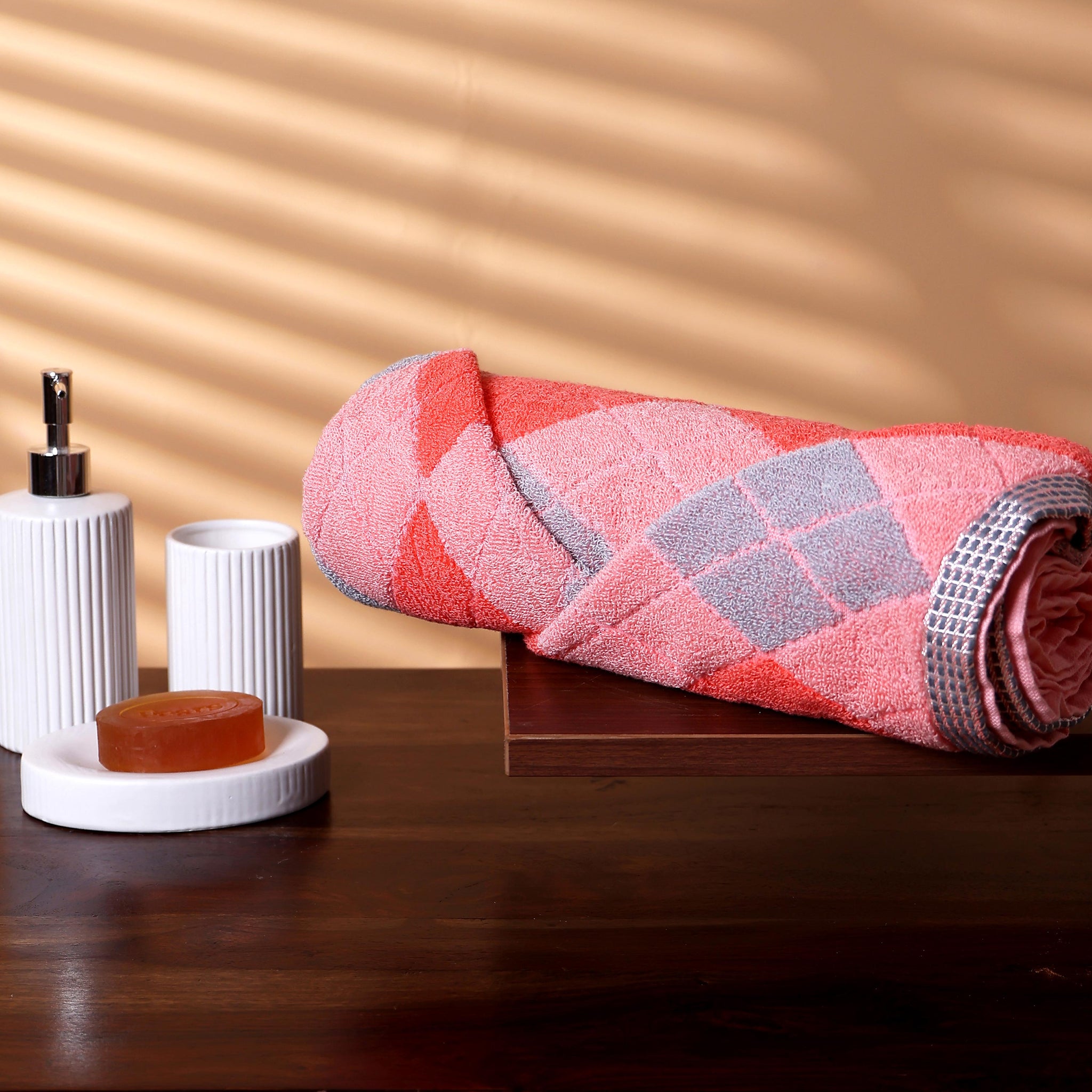 Home & Travel Use Towel with Soft Terry and Diamond Weave - Pink