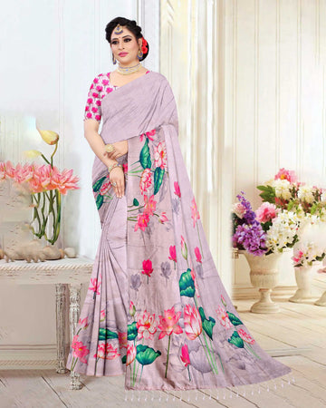 Lavender Colour Printed Linen Cotton Sarees