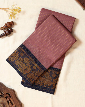 Dusty Rose Pink Sungudi Cotton Saree with Contrast Navy Blue and Antique Gold Zari Woven Floral Border