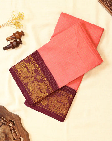Coral Peach Checked Sungudi Cotton Saree with Wine Maroon Contrast and Antique Gold Zari Woven Peacock Floral Border