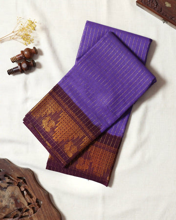 Royal Purple Sungudi Cotton Saree with Wine Maroon Contrast and Antique Gold Zari Woven Geometric Floral Border
