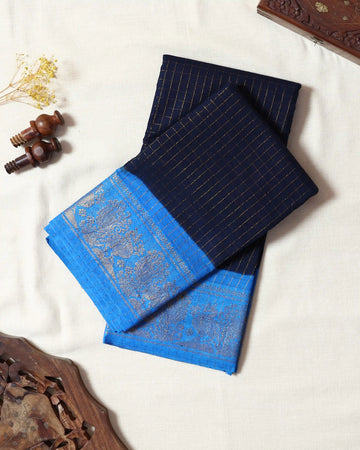 Navy Blue Checked Sungudi Cotton Saree with Sky Blue Contrast and Silver Zari Woven Peacock Floral Border