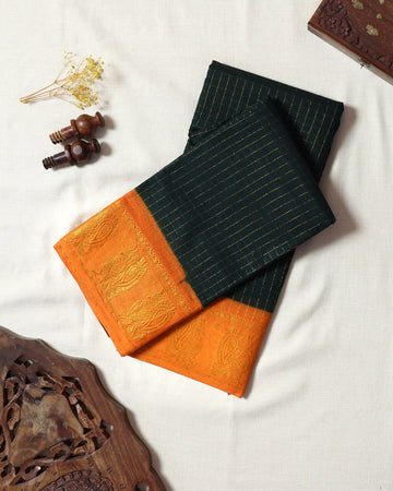 Dark Bottle Green Sungudi Cotton Saree with Bright Orange Contrast and Antique Gold Zari Woven Paisley Border