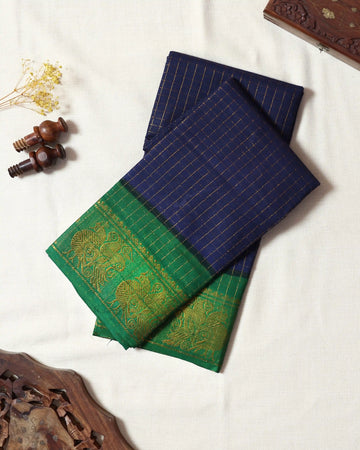Navy Blue Checked Sungudi Cotton Saree with Emerald Green Contrast and Antique Gold Zari Woven Floral Border