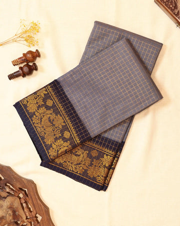 Grey Sungudi Cotton Saree with Navy Blue Contrast and Antique Gold Zari Woven Peacock Floral Border